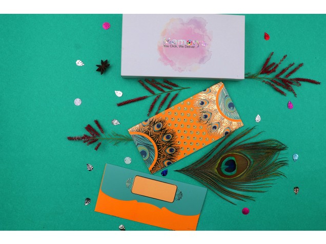 Mustard Color Peacock feather Design Shagun Envelope - Pack of 12 - Designer Shagun Envelopes - Memorys