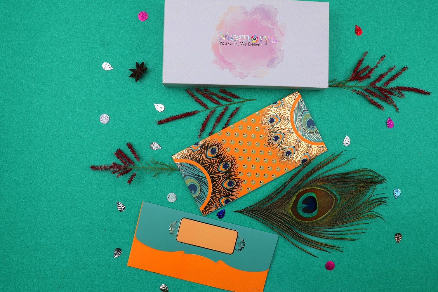 Mustard Color Peacock feather Design Shagun Envelope - Pack of 12